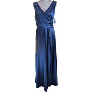 Muxxn Satin Evening Dress Medium Blue Sleeveless V-neck Wrap-style Bodice Formal